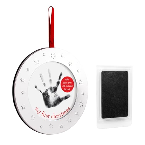 Lil Peach My First Christmas Baby’s Print Ornament, Newborn Handprint Or Footprint Making Kit, Baby Holiday Christmas Tree Keepsake Ornament, Included No-Mess Clean Touch Ink Pad, Silver Stars