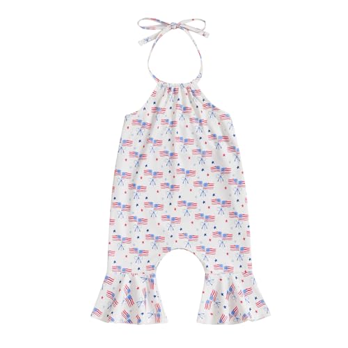 Gaono Toddler Baby Girl Bell Bottom Romper American Flag/Bow Halter Flare Pants Overalls Jumpsuit 4th of July Outfit (White, 3-4T)