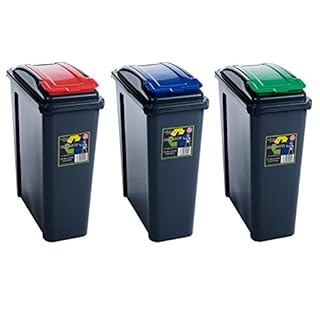 Wham 3x 25L Plastic Recycling Waste Bins. Red/Blue/Green, Slimline, Durable, Made in the UK