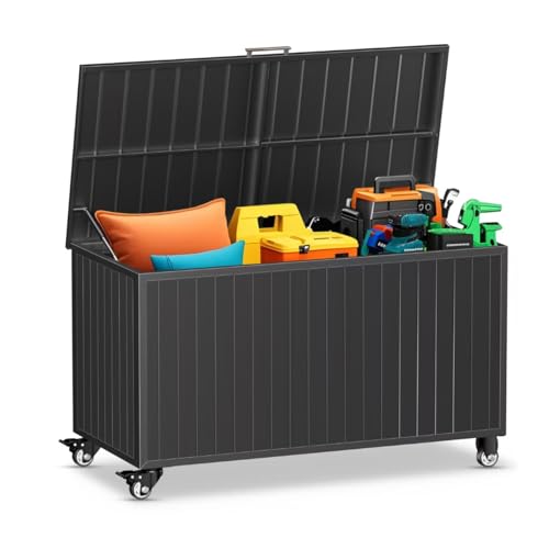 Outdoor Storage Box with Wheels 150 Gallon, Metal Deck Boxes Waterproof, UV Resistant Patio Storage Box with Lid for Patio Furniture, Garden Tools (Black)