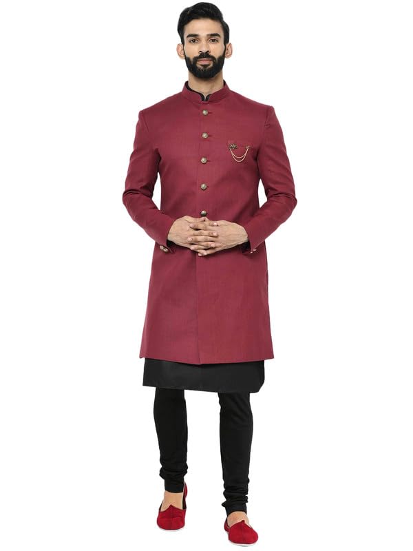 Kisah Men's Indo-Western Kurta Sherwani Churidar Set, Maroon Cotton Blend, Solid Dyed Regular Fit Mandarin Collar Full Sleeves (44)