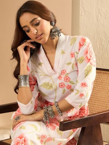 Image of Nayasi Women's Beige Floral Printed Blend Cotton Kurta | Cotton Kurtis for Woman (RX298)