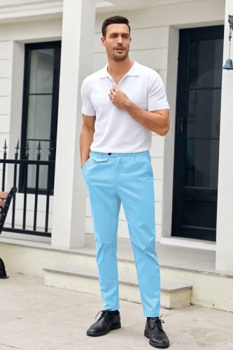 Image of Mens Chinos Slim Fit Pants Stretch Tapered Dress Pant Casual Trousers | Skinny Slacks, Flat Front Design, Stretch Cotton Fabric, Solid or Plaid, Work Dress Pants, Business Casual Wear