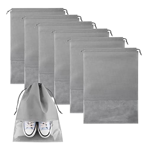 Thinp 6 Pieces Travel Shoes Bag, 36x27cm Portable Drawstring Shoe Bags for Travel Dust Proof Shoes Storage Bag Non-Woven Shoes Pouch with Transparent Window for Men Women Daily and Travel Use(Grey)