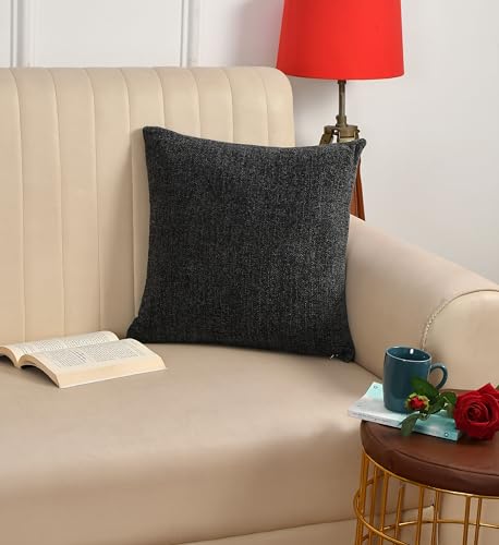 Image of SASHAA WORLD Charcoal Chenille Cushion Cover | Decorative Pillow Case | Soft, Durable, and Stylish | Solid Plain Weave Design | Ideal for Living Room, Sofa, or Bedroom Decor | 45x45 cm