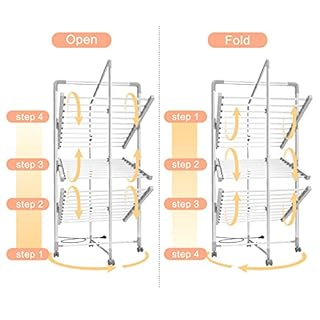 Todeco - Sèche-Linge Electrique, Etendoir Pliant d'Intérieur - Dimensions du Produit replié: 143 x 72 x 9 cm - Matériau: Alliage en Aluminium - 3 étagères, Blanc, avec des Roues