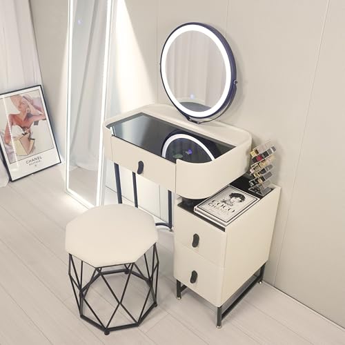 ドレッサー 化粧台 おしゃれ テーブル 収納 安い シンプル 椅子付き 鏡台 タッチ操作 LEDミラー 一面鏡 一面ドレッサー ワンルーム 一人暮らし (幅60pホワイト+鳥巣スツール)