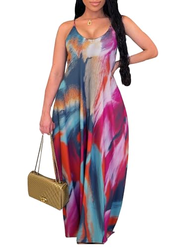 Image of Summer Dresses for Women Spaghetti Strap Beach Floor Length Maxi Sundresses | Floral Print,Casual,with Pockets