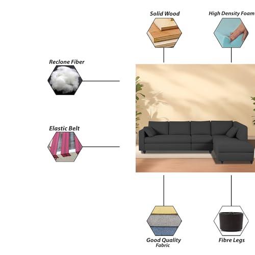 Image of Florian RHS 6 Seater L Shape Sofa Set for Living Room (Black Fabric) Premium Fabric Sofa