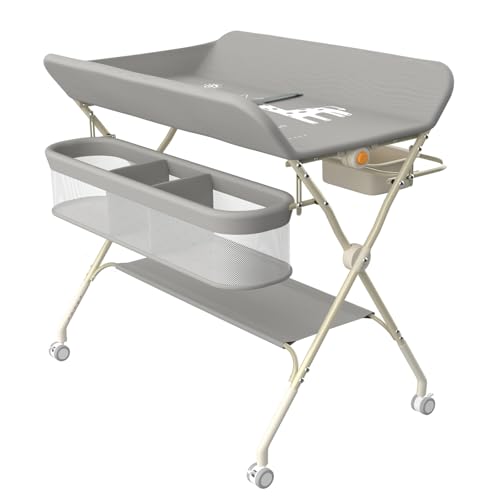 Commode à langer pliable pour bébé,Table à langer mobile avec ceinture de sécurité et compartiments de rangement,Combinaison à langer,Nés Design Ergonomique-75 x 68 x 83-91 cm (Gris)