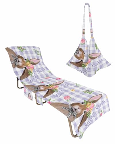 Purple Plaid Bunny Easter Beach Lounge Chair Towel Cover, Soft Chaise Lounge Towel with Side Pockets Patio Pool Chairs Cover for Beach/Pool Sunbathing 29x85 Spring Floral Botanical