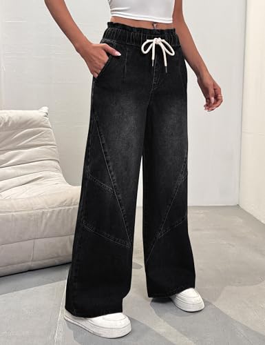 Women's Wide Leg Baggy Jeans Elastic High Waist Barrel Jean Loose Boyfriend Denim Pants with Drawstring2