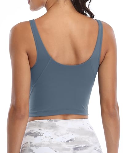 Image of Oalka Sports Bra Womens Longline Padded Crop Yoga Tank Tops | Built in Bras, Workout, Athletic, Fitness, Super Soft, Comfort, Cropped Top, Removable Pads, Heart Neckline For Women