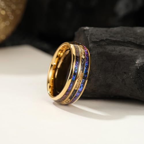 8mm Men's Gold Galaxy Ring, Tungsten Wedding Band with Purple Blue Opal and Chamfered Sparkling Finish - Comfortable Size 7-14, Comes in a Beautiful Gift Box4