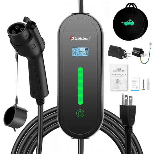 SubSun 電気自動車 充電ケーブル EV充電器 電気自動車用ポータブル 家庭用EVとPHEV充電ケーブル 充電器 100V-240V 電流モード切替可能 予約モード付き8A/10A/13A/16A SAEJ1772 5メートル 5M 変換プラグ付き ブラック(5M（2個プラグ付き）)のサムネイル