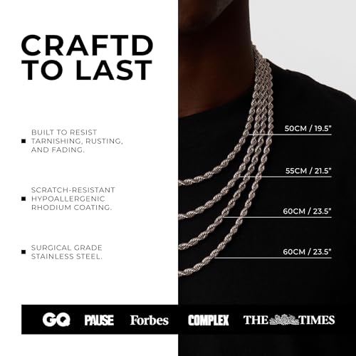 CRAFTD | Silver Rope Link Chain | Durable Rhodium & 316L Stainless Steel | Waterproof, Heat & Sweat Resistant | Gifts for Men | Men's Jewelry |4