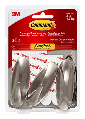Command Designer Hooks, Medium, Brushed Nickel, 3-Hooks (17081BN-3ES), Decorate Damage-Free