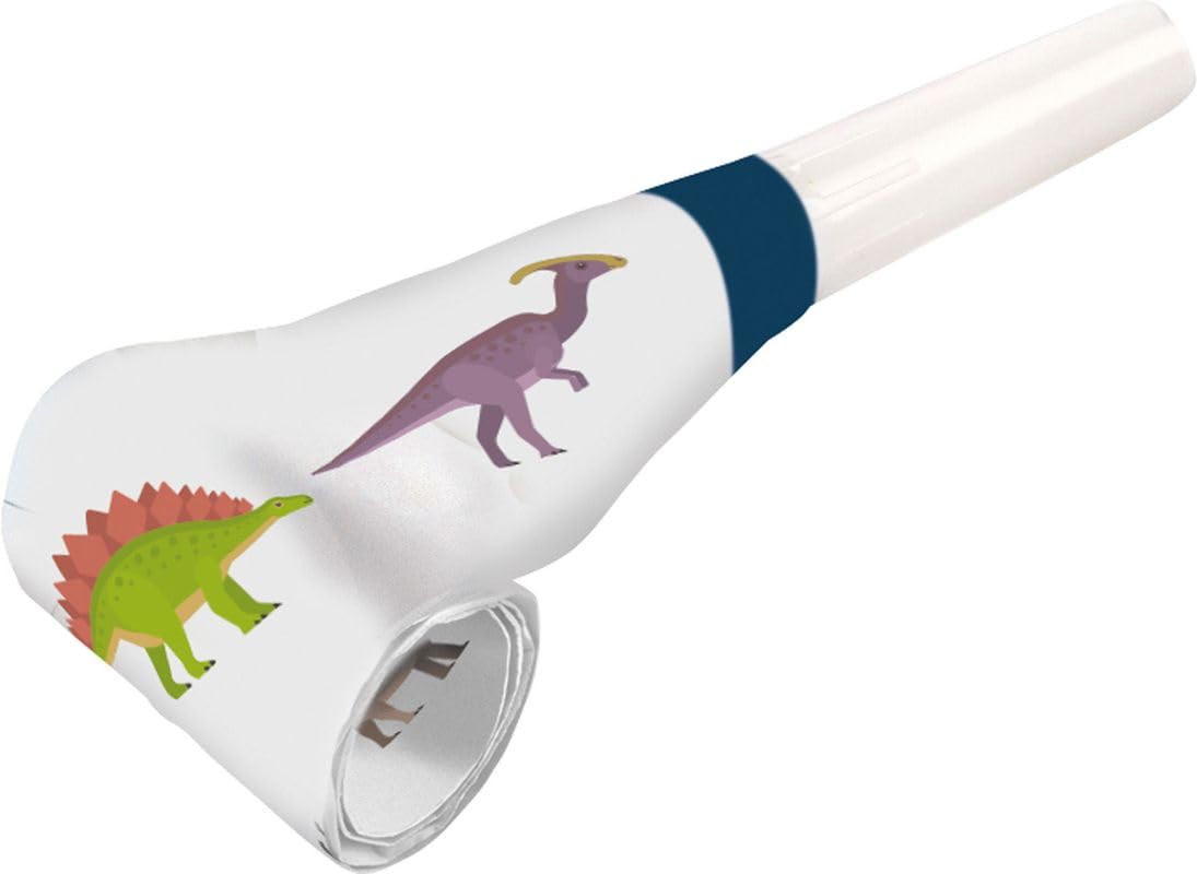 amscan 9903982 - Air Trumpets Happy Dinosaur, Pack of 8, Size Approx. 30 cm, White with Multicoloured Motifs, Party Horn Happy Dinosaur, Give Away, Birthday, Carnival, Children's Party, Theme Party