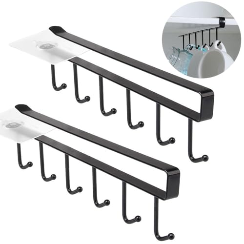 2 Pack Storage Mug Hooks Rack Under Cabinet Each with Fixed Sticker, 6 Hooks Cup Holder Hanger, Ties Belts Scarf Hanging Hook Rack, Mug Hook Hanger Under Shelf Without Drilling Kitchen Utensil Hanger - image 1