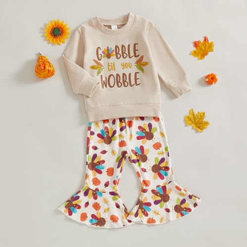 Toddler Baby Girl Thanksgiving Outfit Gobble Till You Wobble Sweatshirt Turkey Flared Pants Set Fall Clothes3