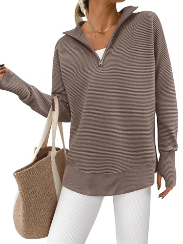 Image of PRETTYGARDEN Womens Long Sleeve Quarter Zip Pullover Sweater | Casual Loose V Neck Sweaters with Thumb Hole, Collared Ribbed Knit Jumper Tops, Oversized Tunic Tops, Fall Outfits 2026