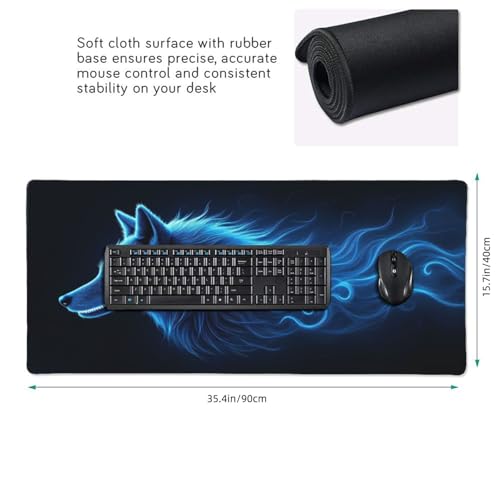 Tapis de souris de jeu grand format loup bleu, protège bureau PC - 2