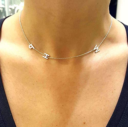 14k Sideways Initial Gold Necklace w Solitaire Diamond, Custom Multiple Letter Necklace, Personalized Solid Gold Initial Diamond Letter Necklace, Personalize Birthstone Bridesmaid Gift.4