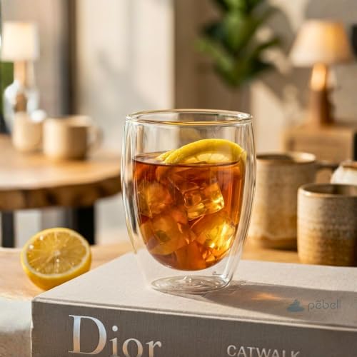Image of PEBELLIFEWARE Bistro Style Double Wall Glass Coffee Mugs (Set of 2) - Premium Borosilicate Clear Drinking Glasses 350ml for Latte, Coffee, Cold Brew - Heat Resistant, Dishwasher Safe