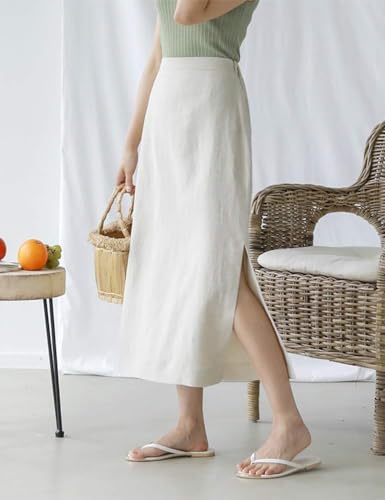 Ylingjun Womens High Waisted Straight Cotton Linen Long Skirt with Slit2