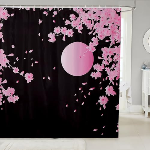 Image of Cherry Blossoms Bath Curtain Japanese Style Bathroom Shower Curtain Set Pink Moon Flowers Shower Curtain For Kids Adults Exotic Waterproof Bathroom Curtains Ultra Soft Black Room Decor 72x78 Inch