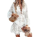 L&ieserram Damen Spitze Strandkleid V-Ausschnitt Badeanzug Bedecken Pareos Kimono Cardigan Strandkleid Boho Transparent Strandponcho (Weiß, L)