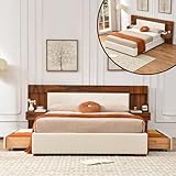 QNZK Queen Size Wood Bed Frame with Built-in Nightstands, Linen Platform Bed Frame with 2 Drawers, Natural Wood Grain & Luxury Upholstered Storage Headboard，No Box Spring Needed, Easy Assembly, Cream