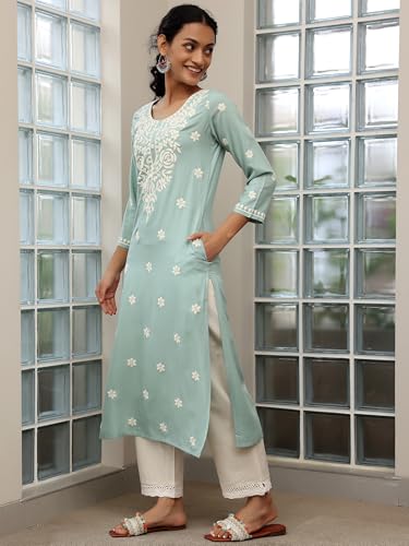Image of Libas Womens Embroidered Viscose Straight Kurta for Women | Ethnic wear | Bridal Suit | Wedding Dress | Occasion wear