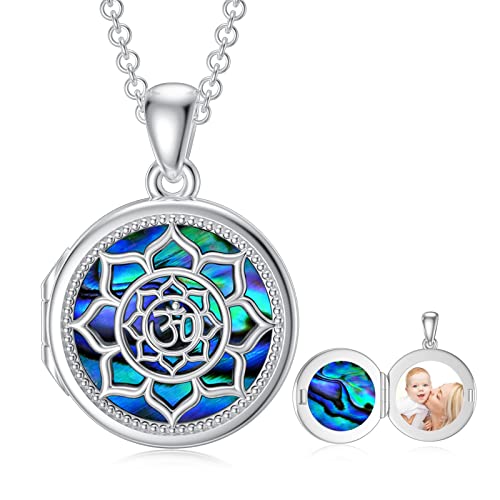 SOULMEET Round Shaped Inspirational Flower Om Ohm Aum Lotus Locket Necklace That Holds Picture Photo New Beginning Silver Custom Personalized Abalone Locket Necklace (Custom photoe)