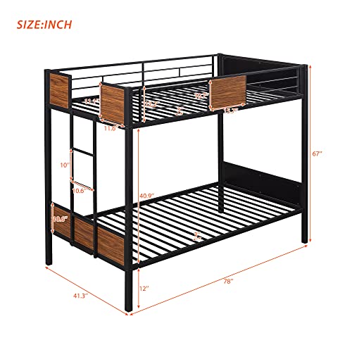 Harper & Bright Designs Metal Bunk Bed Twin Over Twin, Heavy Duty Twin Bunk Bed With Built-In Ladder For Kids Boys Teens Bedroom, Dorm, Easy Assembly With Enhanced Guardrail, Black+Mdf #TOP1