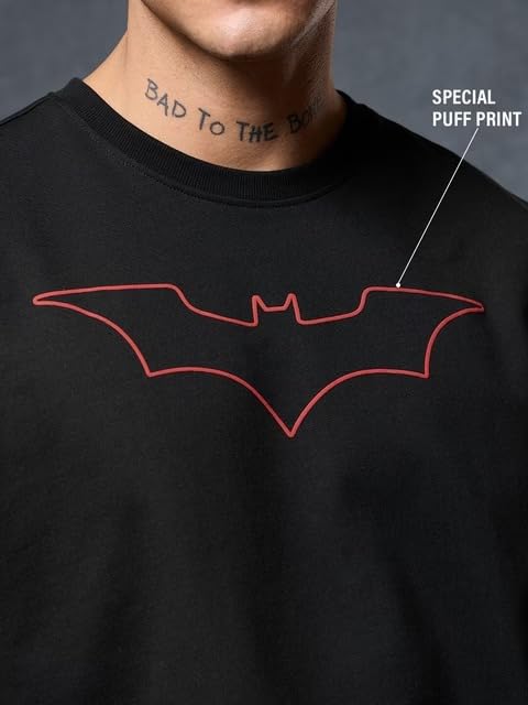 Image of The Souled Store Official Batman Originals: Justice Oversized T-Shirt for Men Boys Cotton Casual Half Sleeves Baggy Loose Fit Drop Shoulder Round Neck Black