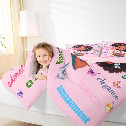Image of Erosebridal Black Girls Magical Bedding Set Butterflies Inspirational Quotes King Comforter Set African American Comforter Afro Black Princess Girl Duvet Insert for Nursery Kids Pink Room Decor