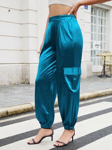 ZAFUL Womens Satin Joggers 2025 Boho Chic Cargo Jogger Pants High Waisted Stretch Silk Ankle Pants Slack Trousers