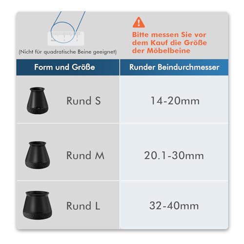 shinfly Stuhlbeinkappen Rund 24 Stück, Schutzkappen für Stuhlbeine, Silikon Stuhlbeinschoner für Stühle & Bodenschutz, Filzgleiter für Schräge Stuhlbeine, Geräuscharm【Schwarz Fit:14-20mm】