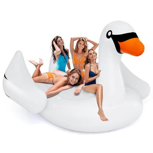 Goplus Giant Inflatable Swan Floating Island, 4 People Pool Float with 4 Cups Holders, Recreational Floating Dock for Lake, Swimming Pool, Water Park, Beach, Electric Pump Included