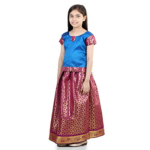 Image of BownBee Girls Silk Blend Pavda Pattu Lehenga Choli South Indian Traditional Ethnic Dress for Kids with Half Sleeves, Round neck, Back Hook Closure Dresses for Baby Girl