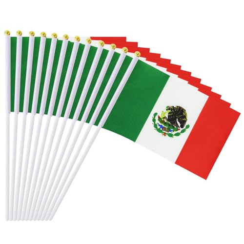 12 Pack Mexican Flags on Stick 5.5 x 8.2 Inch Small Mexico Handheld Flags for Parade Handouts Cultural Events National Day School Activities and Celebrations