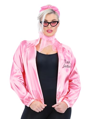 Smiffys Grease Pink - Chaqueta y accesorios para mujer, disfraz oficial de los años 50, chaqueta de satén, diadema de lunares, bufanda, gafas de sol para fiestas de rock n roll, Halloween, talla S