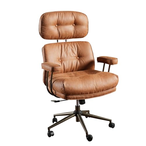 ovios Ergonomic Home Office Chair, High Back Faux Suede Leather Executive Chairs with Thick Cushion, Comfy Swivel Rolling Computer Armchair, Brown