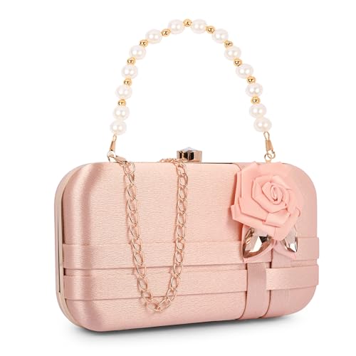 Image of ADISA Studded flower formal party clutch with pearl handle and gold chain for women and girls (CL111)