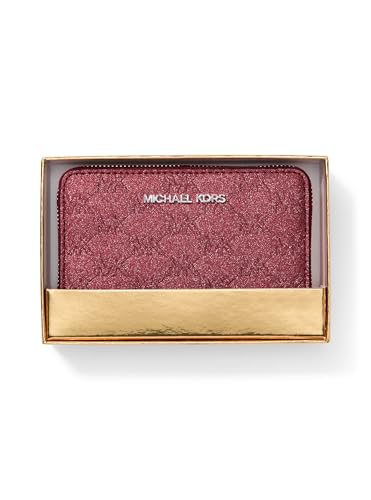 Image of Michael Kors Jet Set Small Zip Around Card Case, Silver-Tone Hardware /MK Embossed Glitter /Oxblood