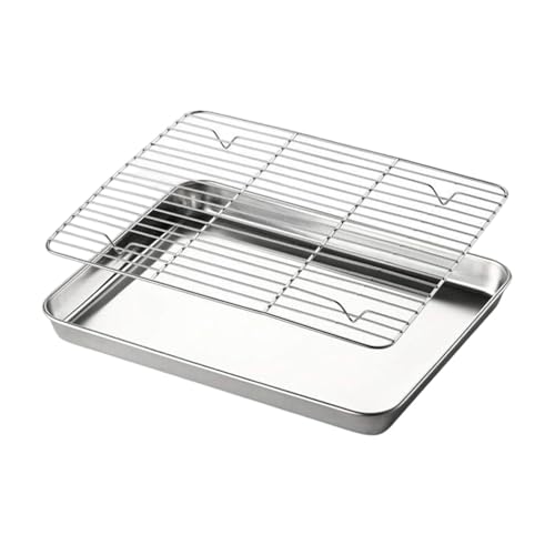 Bandeja de horno de acero inoxidable - Bandeja antiadherente cuadrada de 23,5 cm, sartén multiusos | Rejilla de refrigeración incluida para horno, barbacoa, mesa de cocina, patio, césped, c