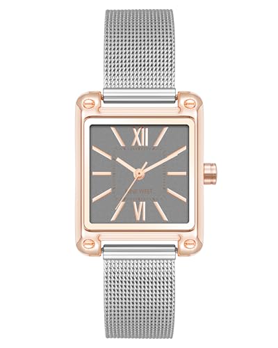 Image of Nine West Women's Analog Watch, Silver-Tone Mesh Bracelet, Limited Movement, Mineral Crystal Lens, Grey Dial with Rose Gold-Tone Markers