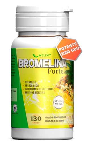 BROMELINA FORTE Drenante - Ottimo Diuretico con Azione Anticellulite forte, Drenante Gambe e Detox per Pancia Piatta, Alto Dosaggio e Concentrazione 2500 GDU, Made in Italy(120cps) - WELLVIT
