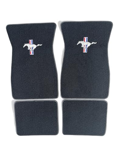 ACC Part Compatible with 1964-1968 Ford Mustang - 4 Piece Black Carpet Floor Mat Set with Pony/Tri-Bar Logos on Front Mats